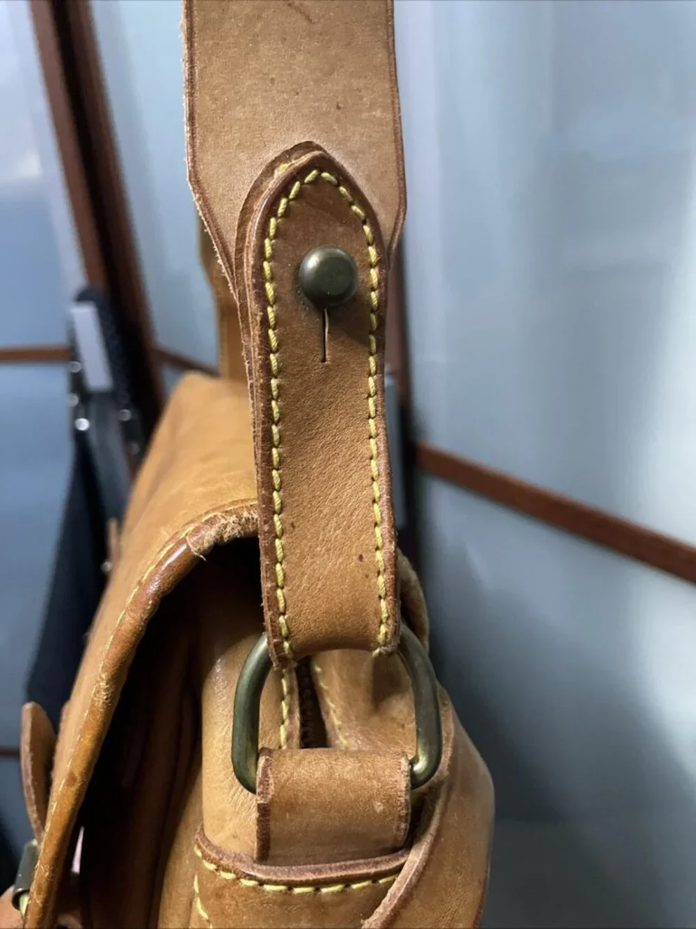 Polo Ralph Lauren Vintage 90s Leather Messenger Shoulder Bag Yellow Stitching